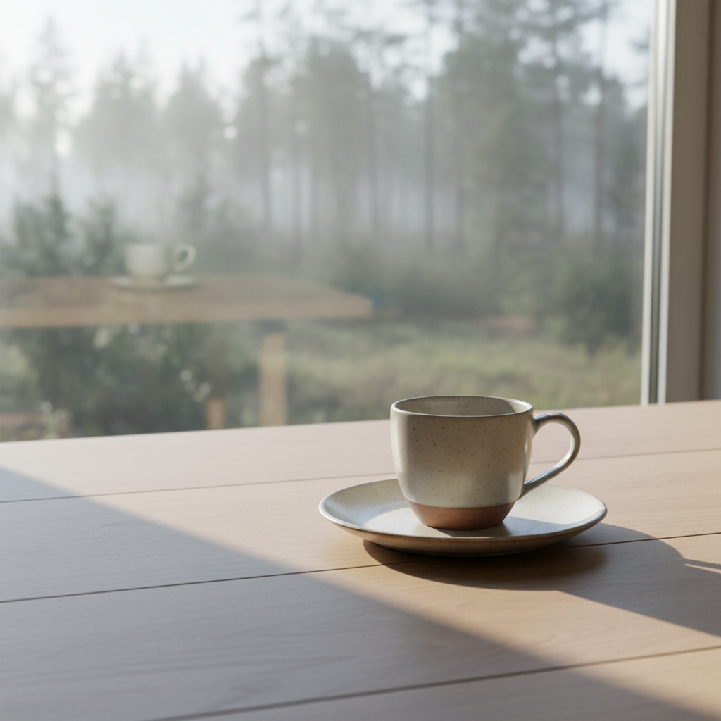 A minimalist breakfast scene featuring a single elegant ceramic mug and matching plate, both made from speckled stoneware with a soft off-white glaze that thins to reveal warm clay at the rim and foot. They rest on a simple wooden table near a large window overlooking a misty forest. Gentle morning light pours in, creating delicate reflections on the ceramics and long, soft shadows across the wood grain. Photographic realism, composed with generous negative space and a shallow depth of field that blurs the serene landscape outside. The mood is calm and sophisticated, suggesting ethical, small-scale craftsmanship and a mindful, nature-connected way of living.
