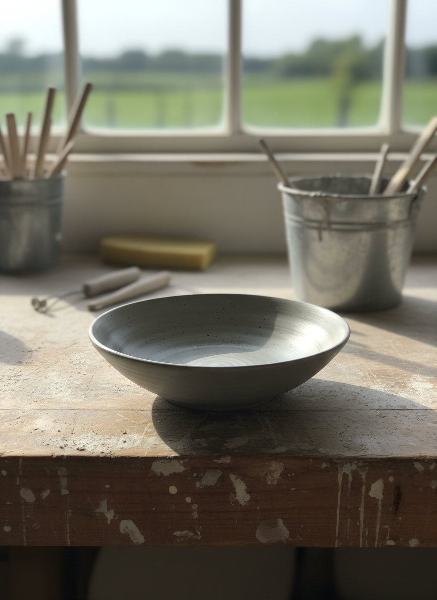 A shallow, wheel-thrown stoneware bowl in soft river-silt gray, its surface marked by faint spiral lines and tiny iron speckles, sits on an old wooden workbench dusted with dry clay. In the background, out of focus, are simple tools, a bucket of cloudy slip, and a window revealing a hint of green landscape. Late afternoon natural light streams in from the side, catching the subtle satin sheen of the glaze and casting gentle shadows. Photographic realism, eye-level composition with shallow depth of field creates a calm, contemplative mood, evoking the quiet moment when a finished piece rests after its journey from raw earth to fired ceramic.