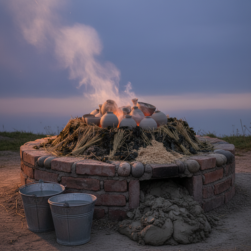 An open outdoor firing pit lined with bricks and river stones, filled with carefully stacked ceramic pieces wrapped in straw, sawdust, and dried seaweed, emits a low, glowing heat. Wisps of pale smoke rise into the cool evening air, catching the last warm light of sunset. Nearby, buckets of water and a pile of unprocessed clay sit on the ground, hinting at the full cycle of earth and fire. Photographic realism from a slightly elevated angle, with the brightest focus on the subtle orange embers and the matte surfaces of the unfired pots. The atmosphere feels ancient yet refined, highlighting elemental forces—fire, air, earth, and water—in quiet collaboration.